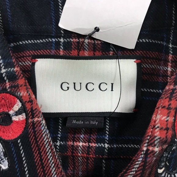 GUCCI Flannel Button Up Shirt - Embroidered Snake Pattern - Made in Italy - Picture 5 of 7
